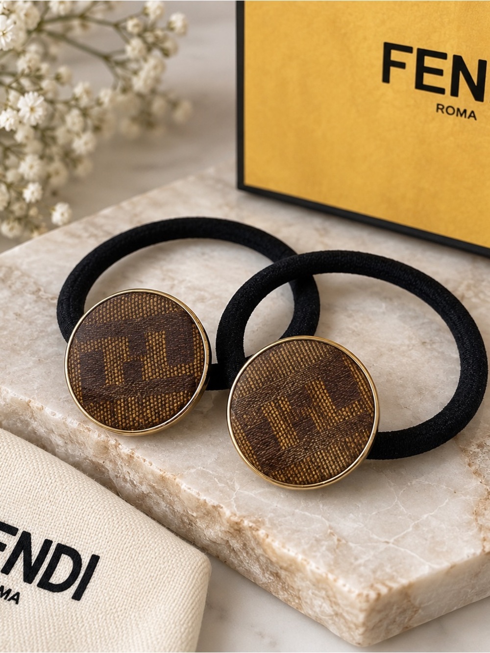 Fendi Upcycled Logo Hair Ties / Ponytail Holders – Set of 2